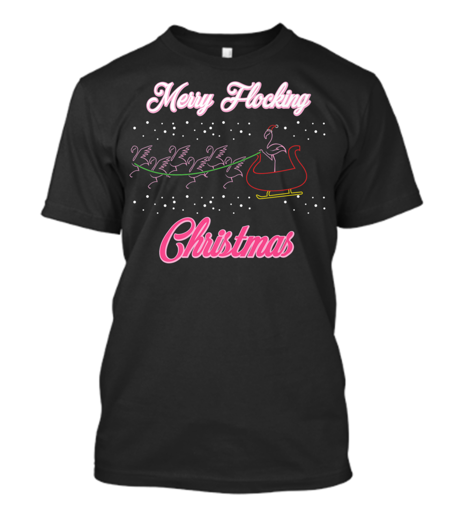 Merry Flocking Christmas Pink Flamingo Sleigh Santa T-Shirt