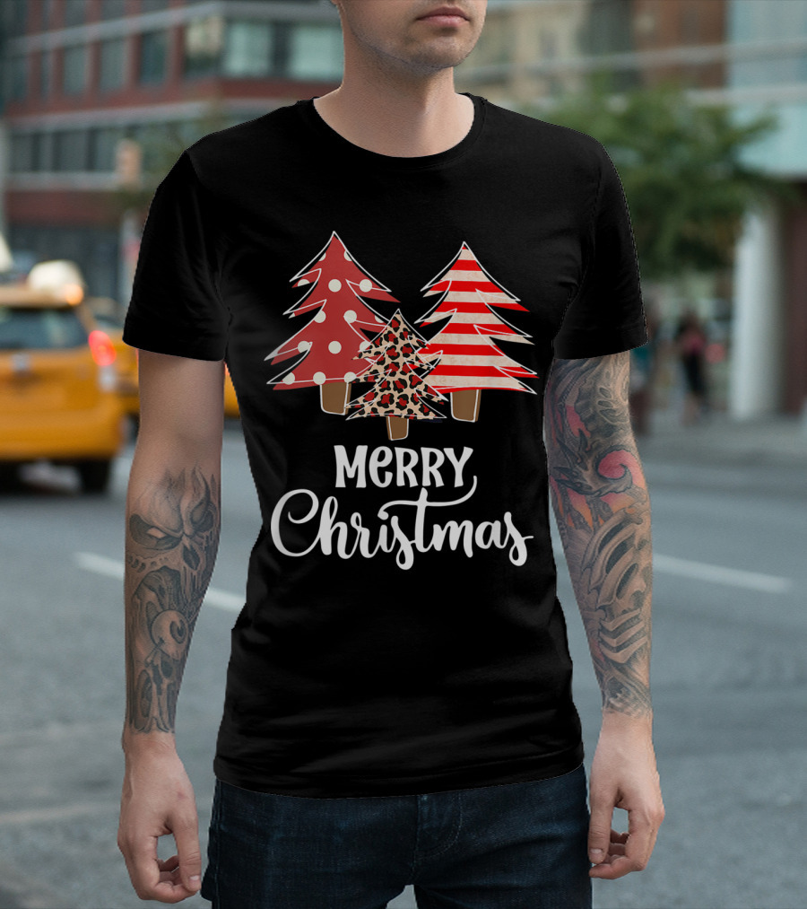 Merry Christmas Polka Dot Leopard Striped Trees T-Shirt