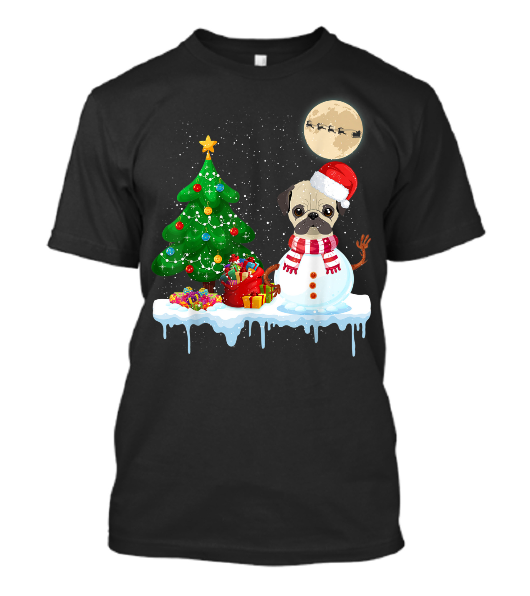 Pug Snowman Christmas Tree Santa Hat Moon Santa Sleigh T-Shirt