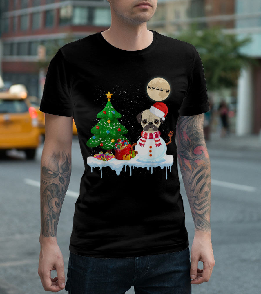 Pug Snowman Christmas Tree Santa Hat Moon Santa Sleigh T-Shirt