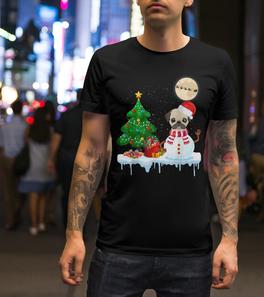 Pug Snowman Christmas Tree Santa Hat Moon Santa Sleigh T-Shirt