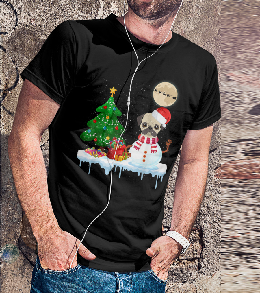 Pug Snowman Christmas Tree Santa Hat Moon Santa Sleigh T-Shirt