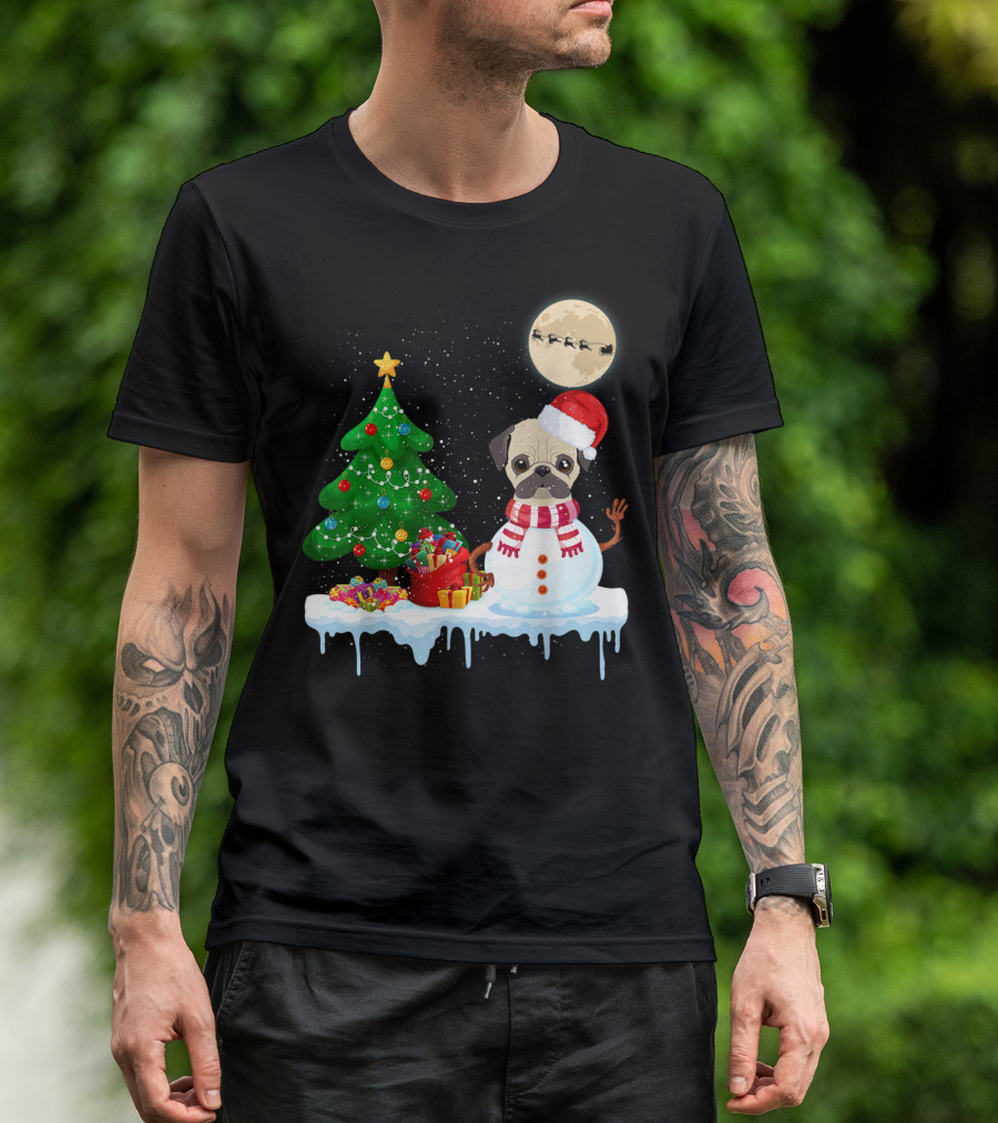 Pug Snowman Christmas Tree Santa Hat Moon Santa Sleigh T-Shirt