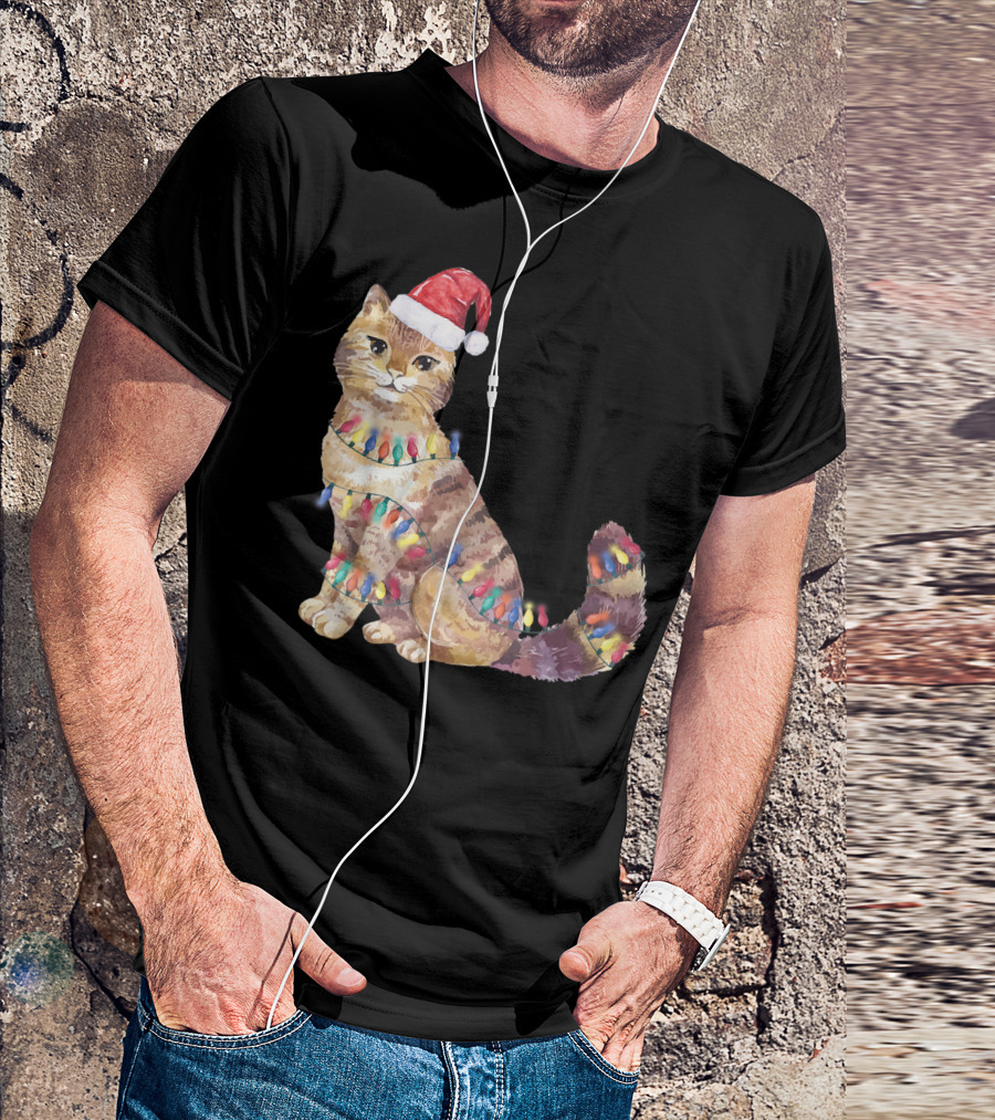 Santa Cat Christmas Lights Cat Lover Cat Festive Holiday Kitten T-Shirt