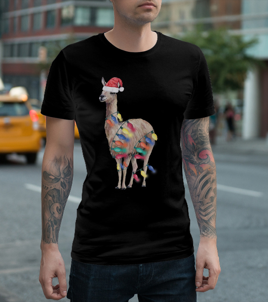 Santa Llama in Christmas Lights Llama Lover Holiday Cheer T-Shirt