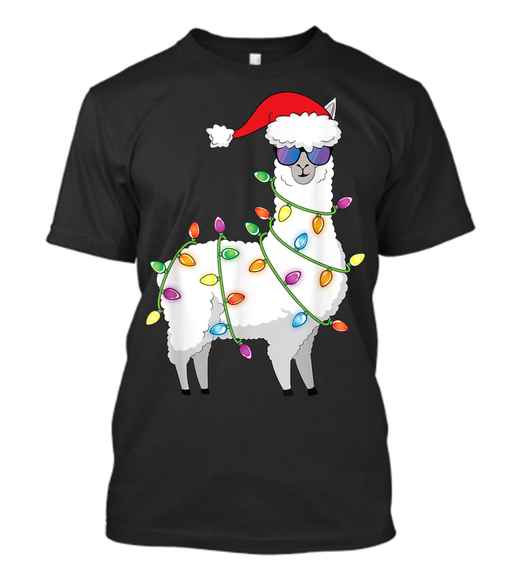 Santa Llama Funny Christmas Llama With Tree Lights And Santa Hat T-Shirt