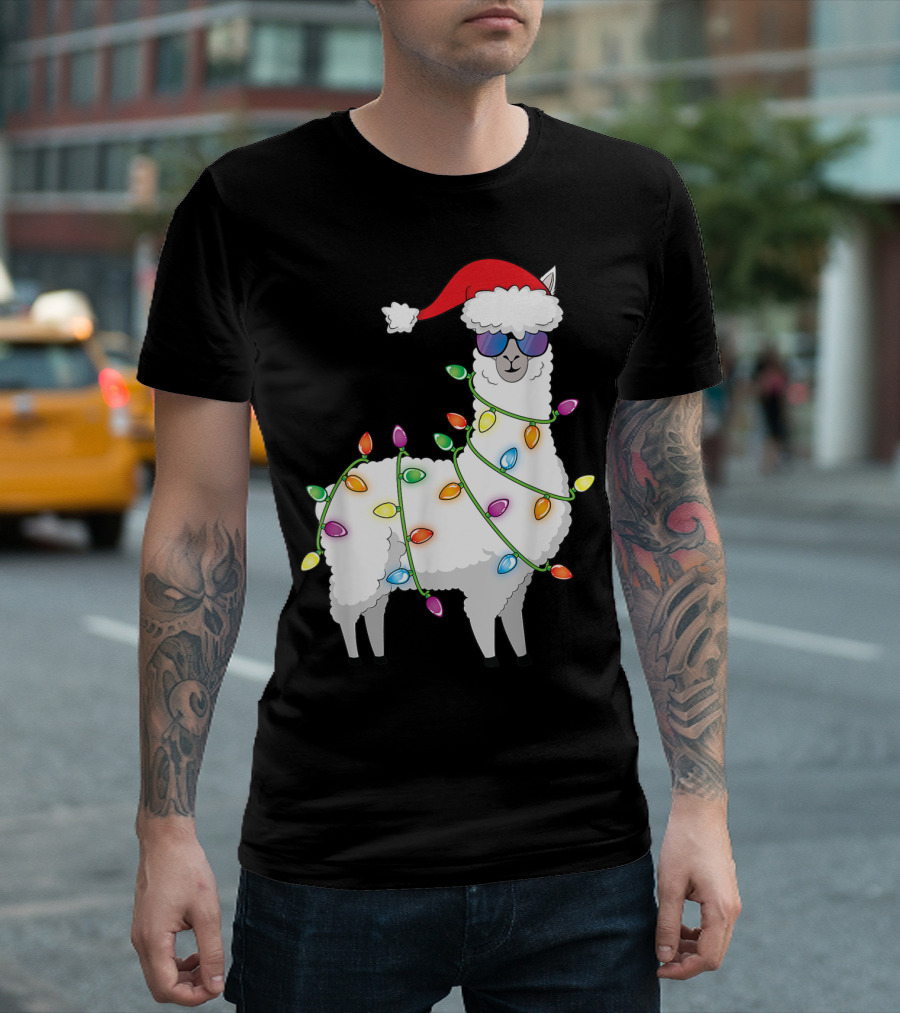 Santa Llama Funny Christmas Llama With Tree Lights And Santa Hat T-Shirt