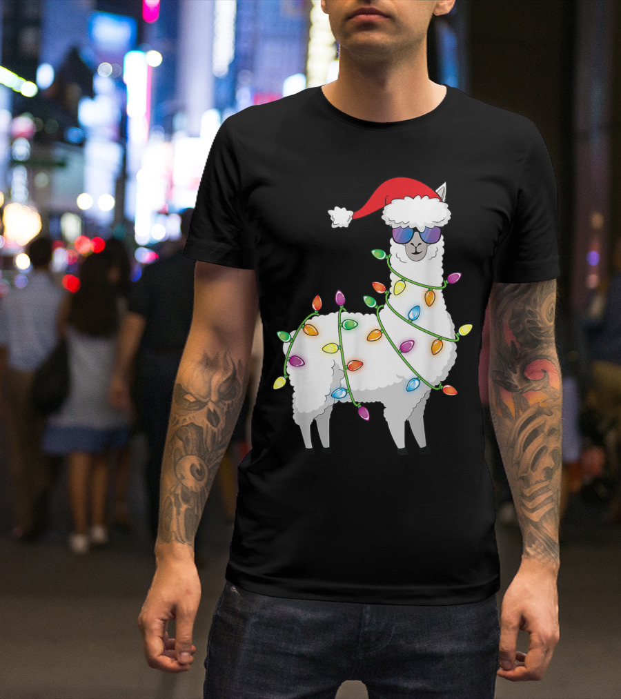 Santa Llama Funny Christmas Llama With Tree Lights And Santa Hat T-Shirt