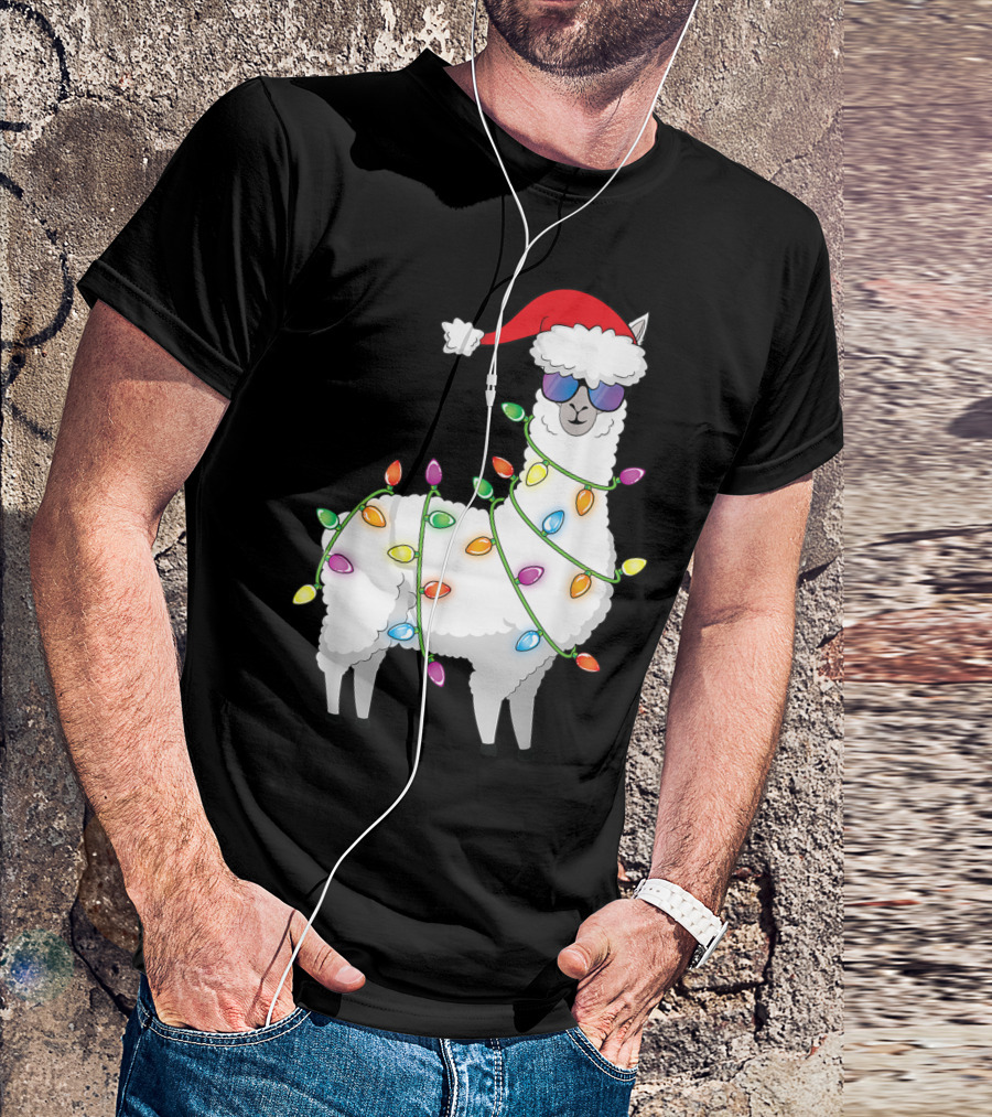 Santa Llama Funny Christmas Llama With Tree Lights And Santa Hat T-Shirt