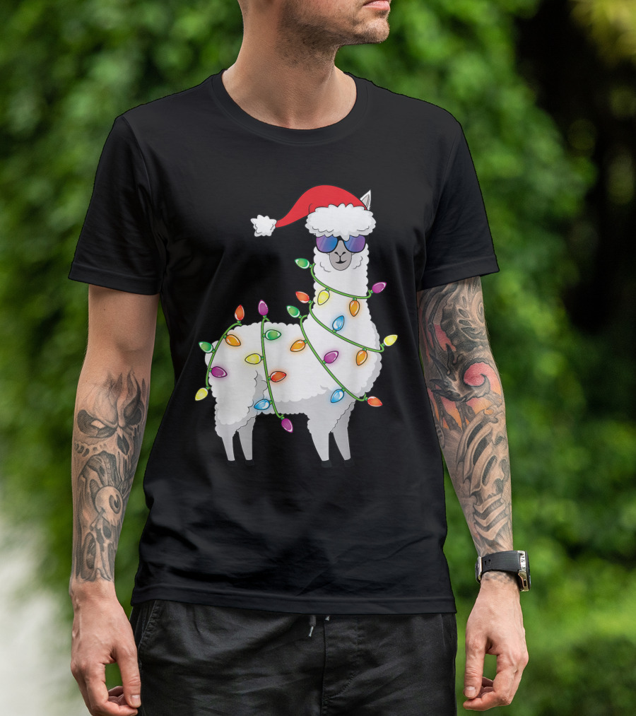 Santa Llama Funny Christmas Llama With Tree Lights And Santa Hat T-Shirt