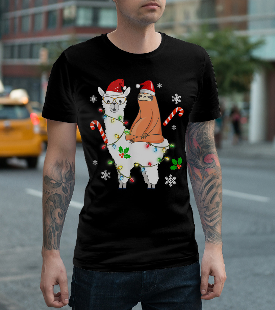 Santa Sloth on Llama with Christmas Lights and Candy Canes T-Shirt