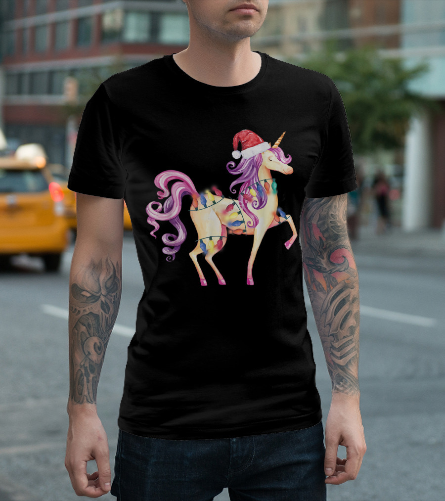 Santa Unicorn Christmas Lights Unicorn Lover Magic Holiday T-Shirt