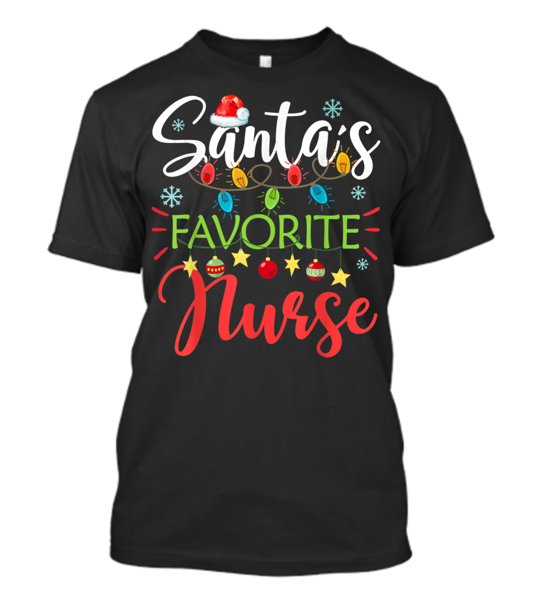 Santa's Favorite Nurse Christmas Lights And Santa Hat Snowflakes T-Shirt