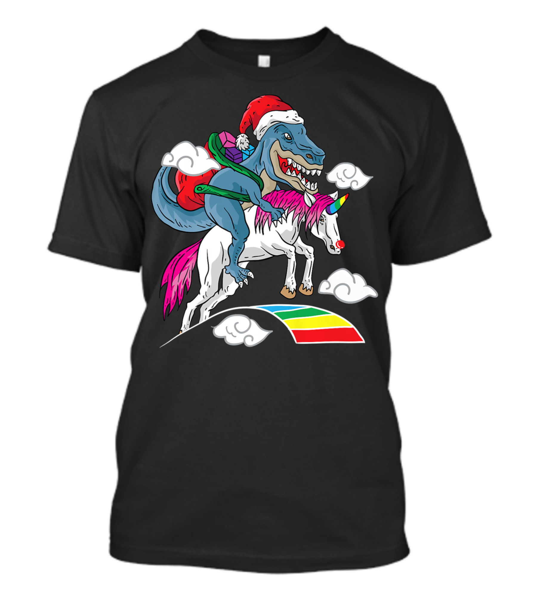 Santasaurus Trex Dinosaur Riding Unicorn With Santa Hat And Rainbow Mane T-Shirt