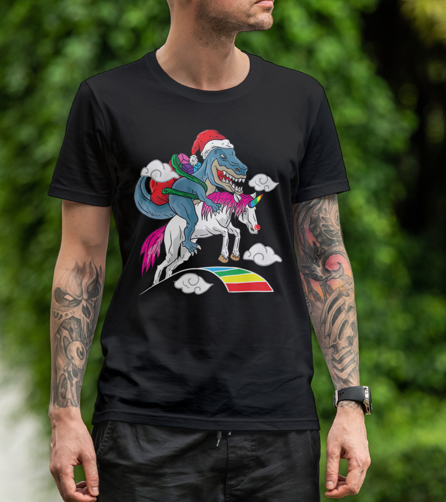Santasaurus Trex Dinosaur Riding Unicorn With Santa Hat And Rainbow Mane T-Shirt