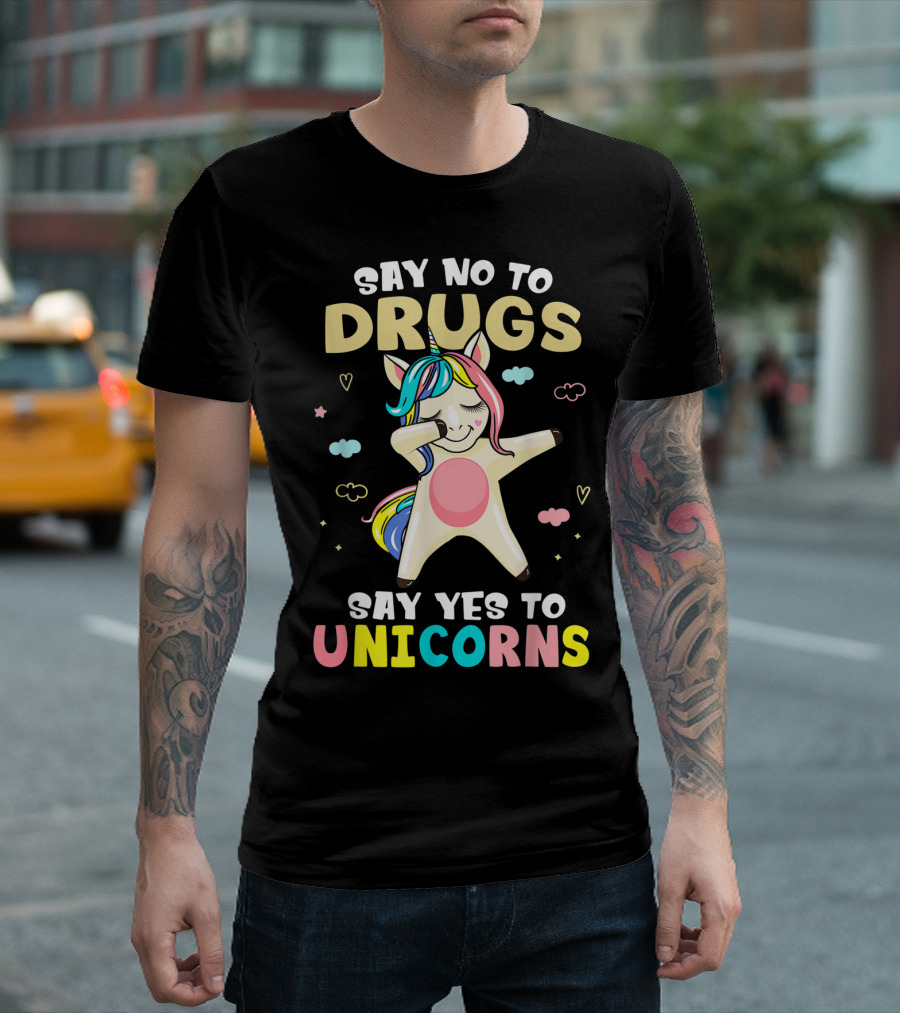 Say No To Drugs Say Yes To Unicorns Dabbing Rainbow Heart Clouds Stars T-Shirt