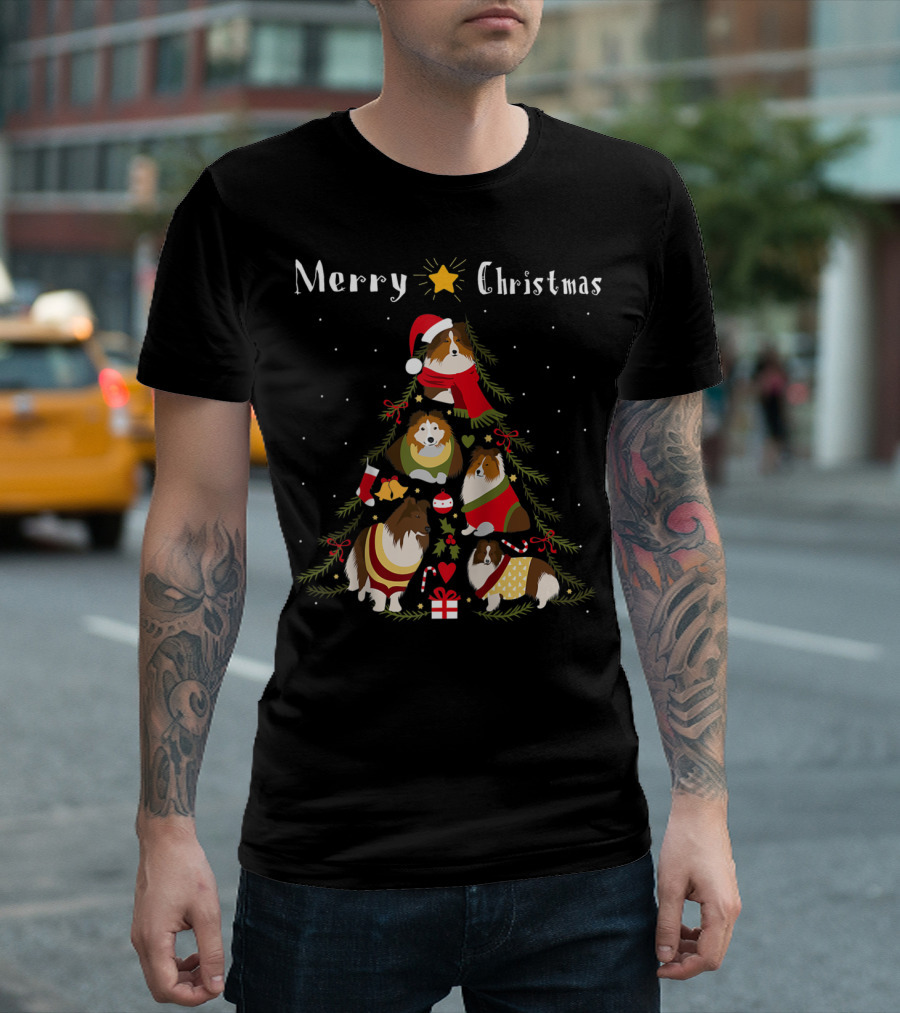 Merry Christmas Shetland Sheepdog Sheltie Tree T-Shirt