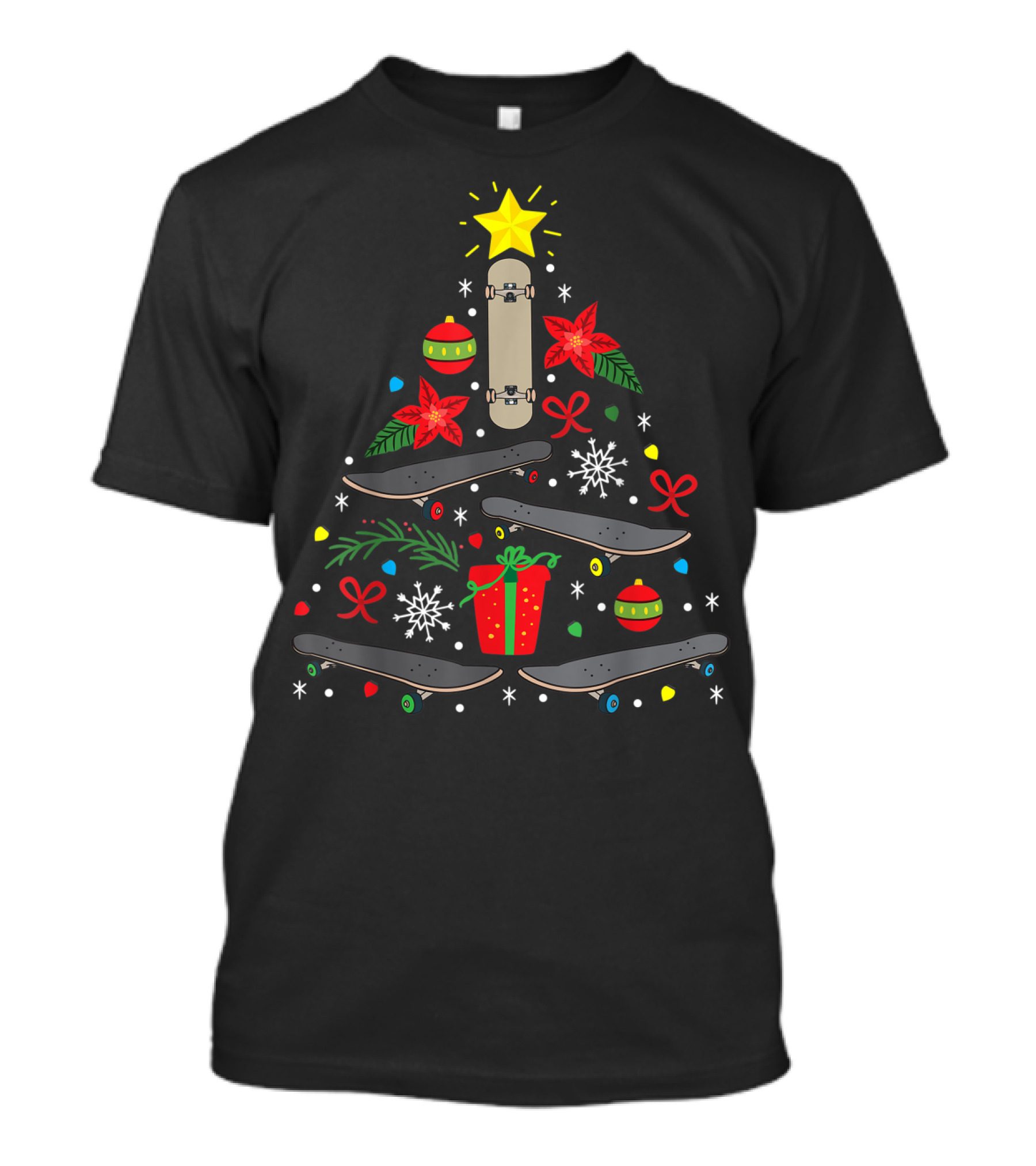 Skateboard Christmas Ornament Tree With Star And Gifts T-Shirt