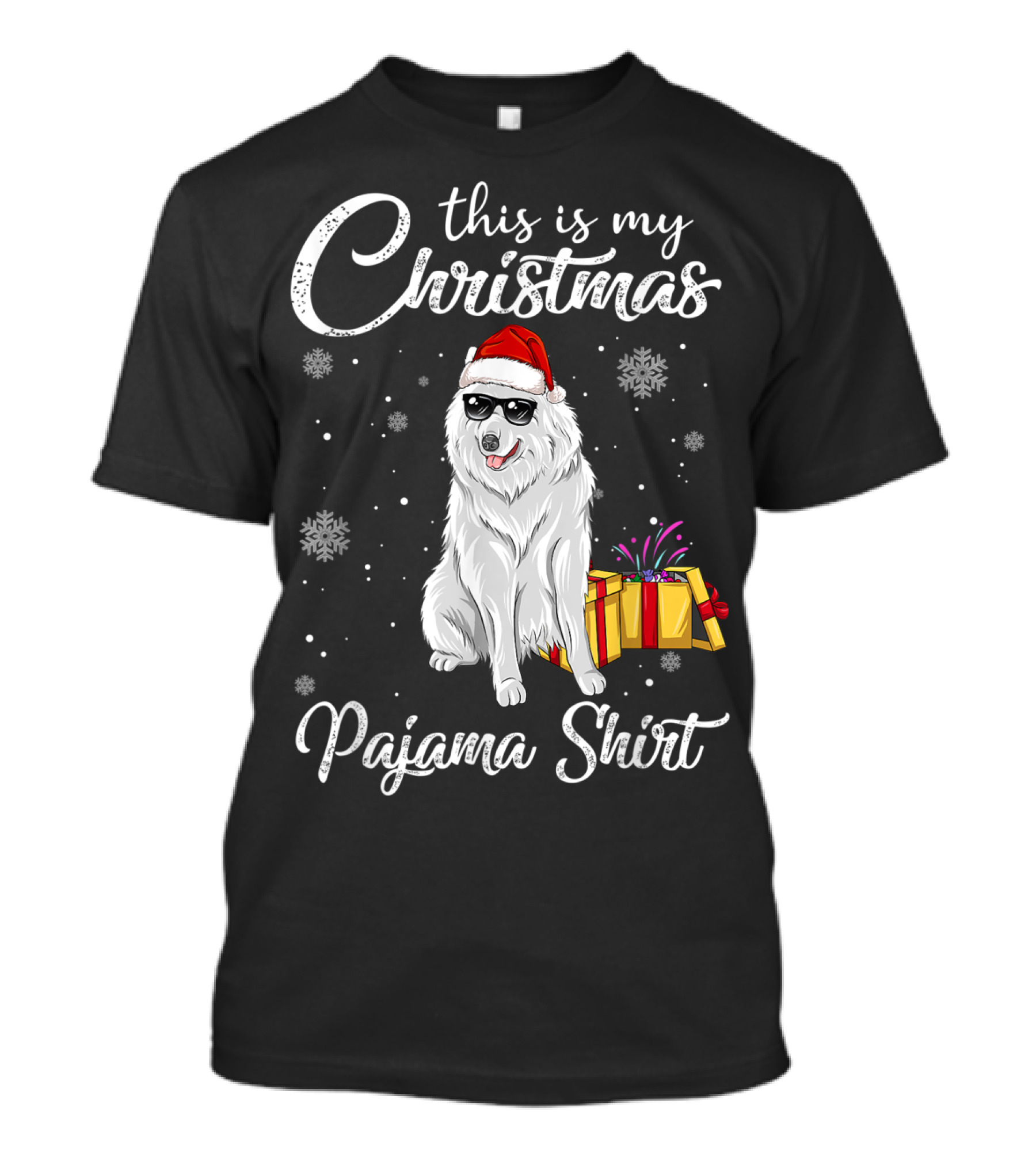 This Is My Christmas Pajama Shirt Samoyed With Santa Hat And Gift T-Shirt