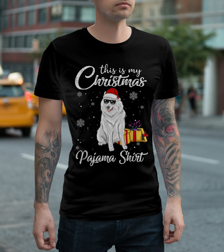 This Is My Christmas Pajama Shirt Samoyed With Santa Hat And Gift T-Shirt