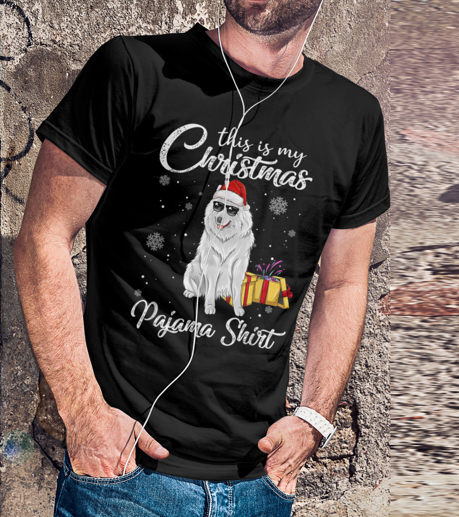 This Is My Christmas Pajama Shirt Samoyed With Santa Hat And Gift T-Shirt