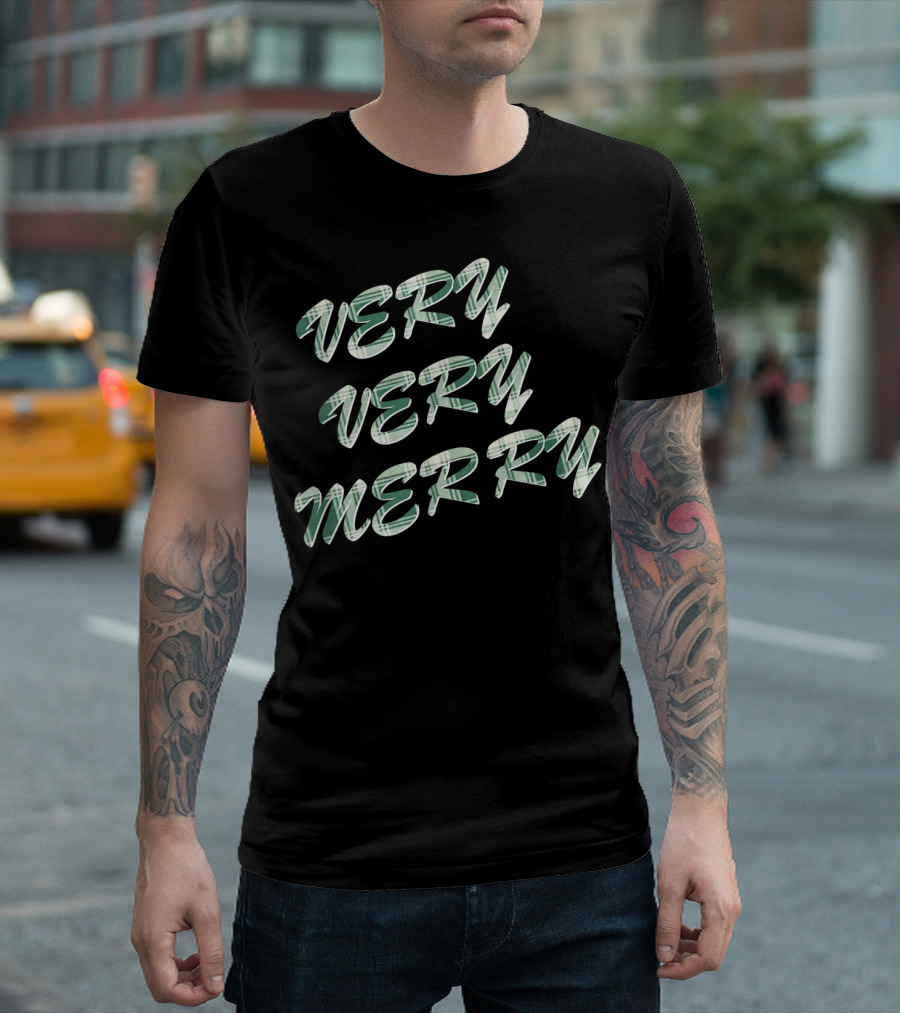 Very Very Merry Festive Plaid Text T-Shirt