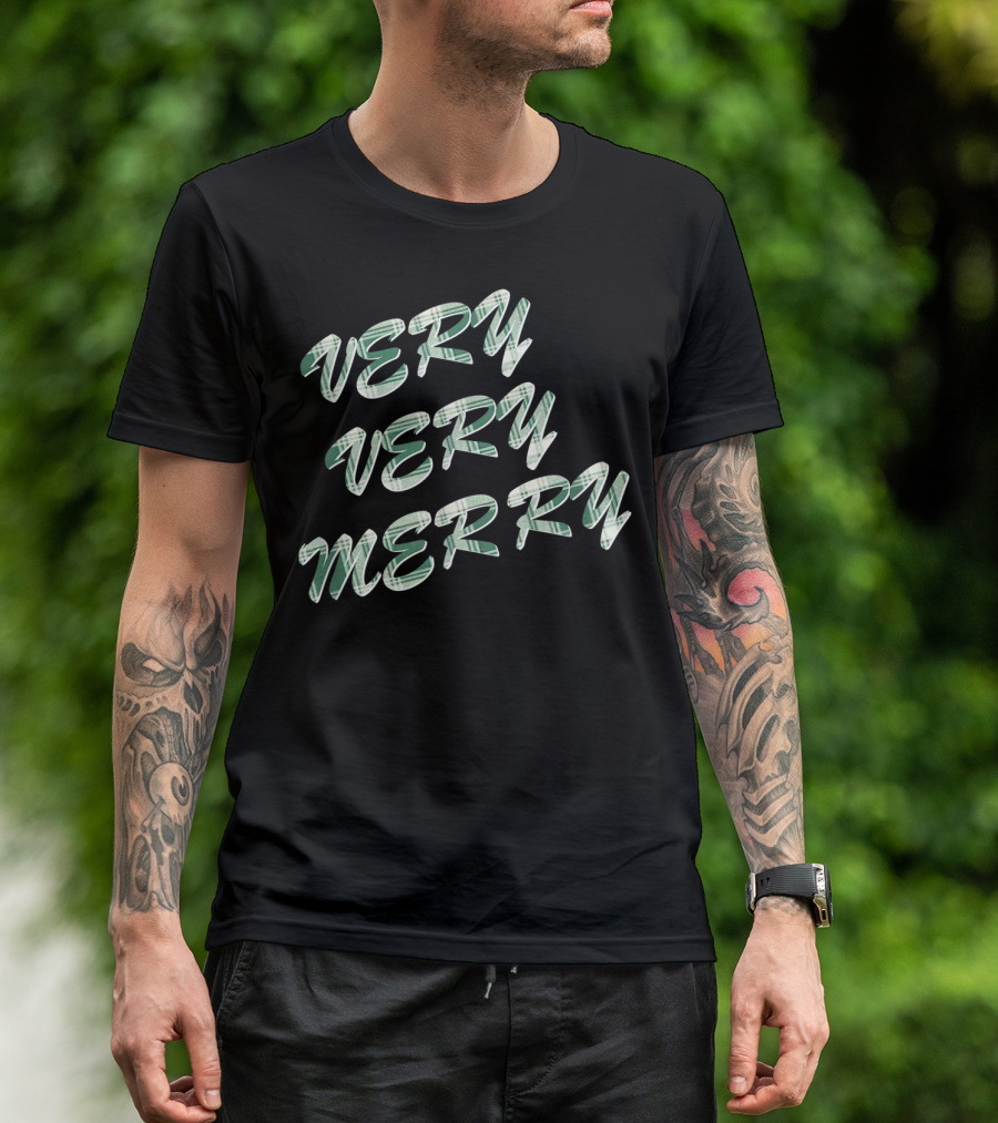 Very Very Merry Festive Plaid Text T-Shirt