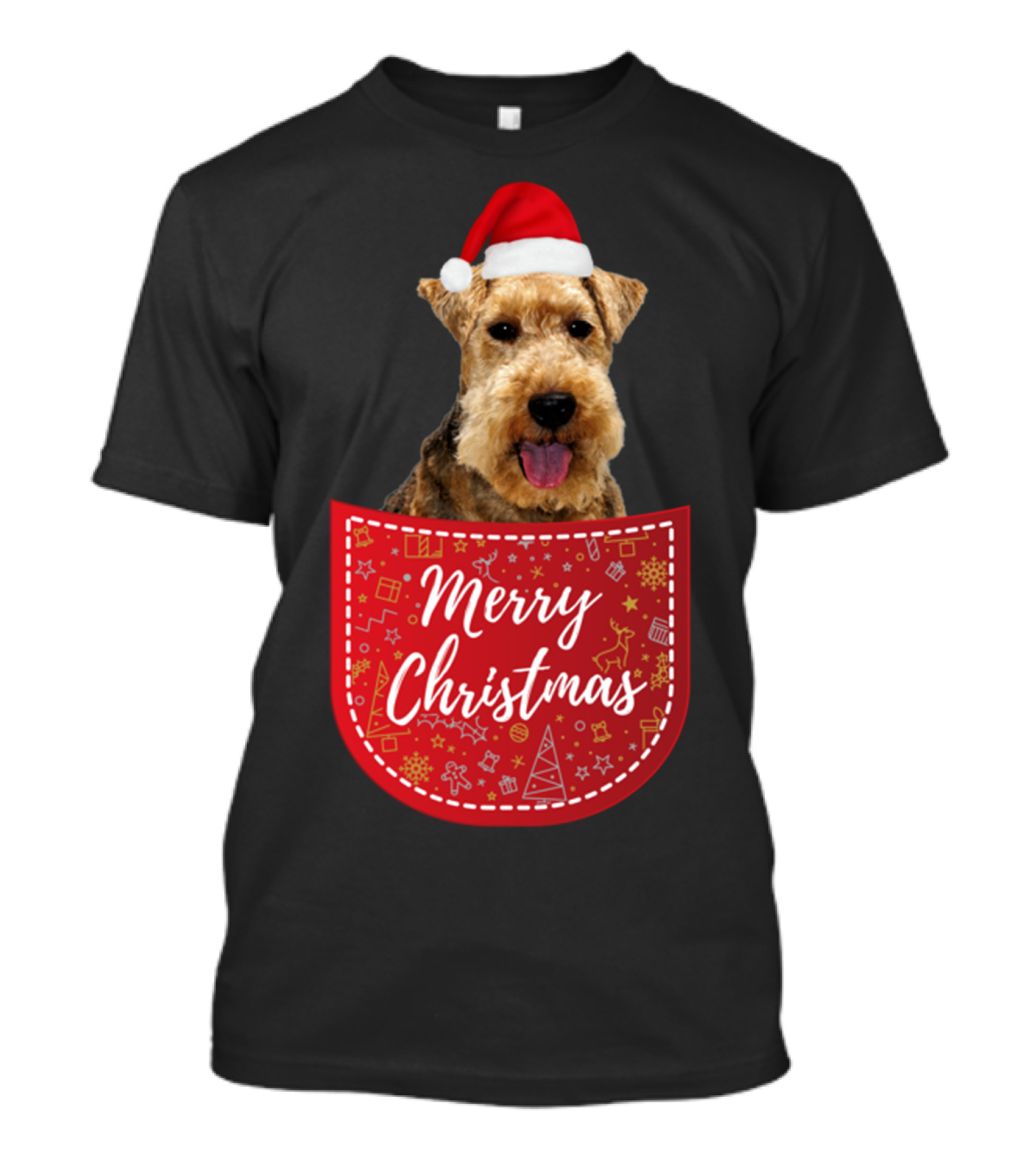 Merry Christmas Welsh Terrier Dog Santa Hat In Pocket T-Shirt