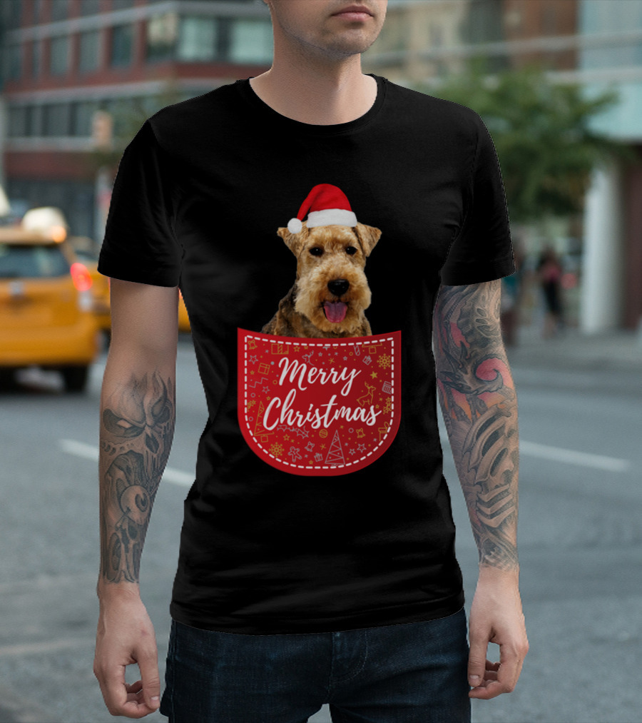 Merry Christmas Welsh Terrier Dog Santa Hat In Pocket T-Shirt