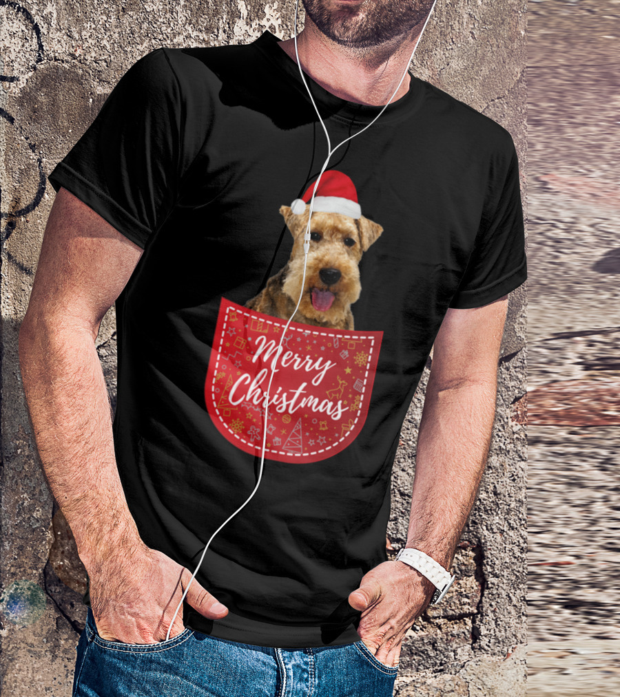 Merry Christmas Welsh Terrier Dog Santa Hat In Pocket T-Shirt