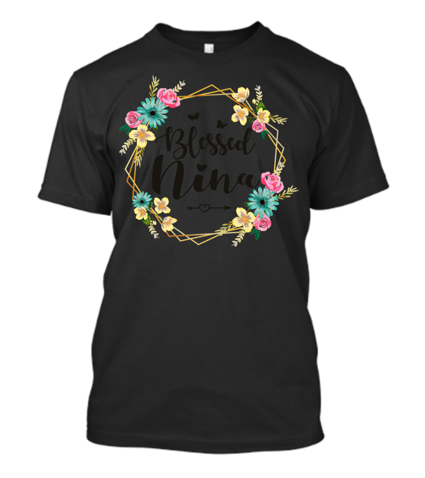 Blessed Nina Floral Wreath With Butterflies And Heart Arrow T-Shirt
