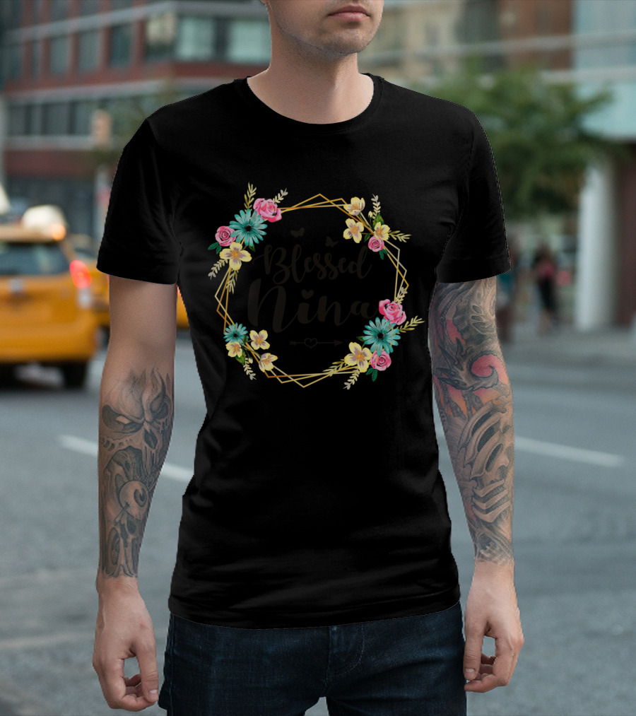 Blessed Nina Floral Wreath With Butterflies And Heart Arrow T-Shirt