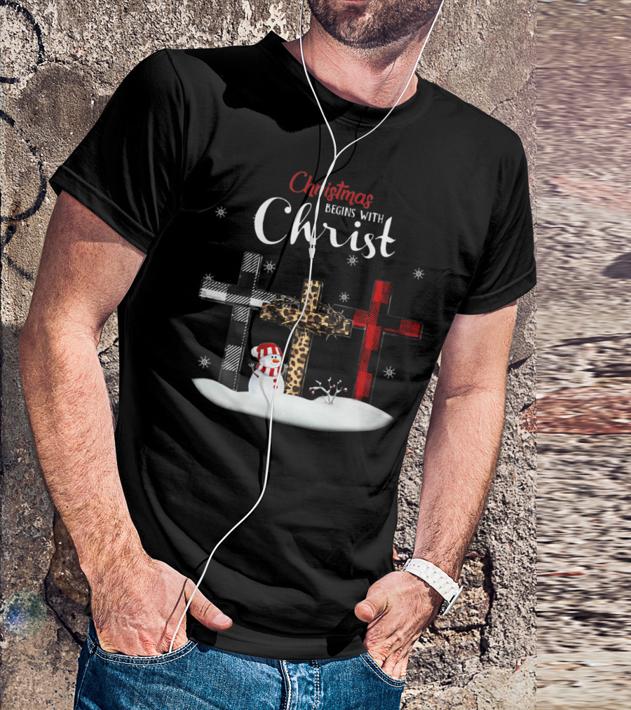 Christmas Begins With Christ Plaid Crosses Snowman Scene T-Shirt