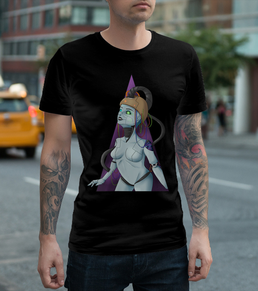 Cyborg Girl With Futuristic Headgear Charging Cable Triangle Backdrop T-Shirt