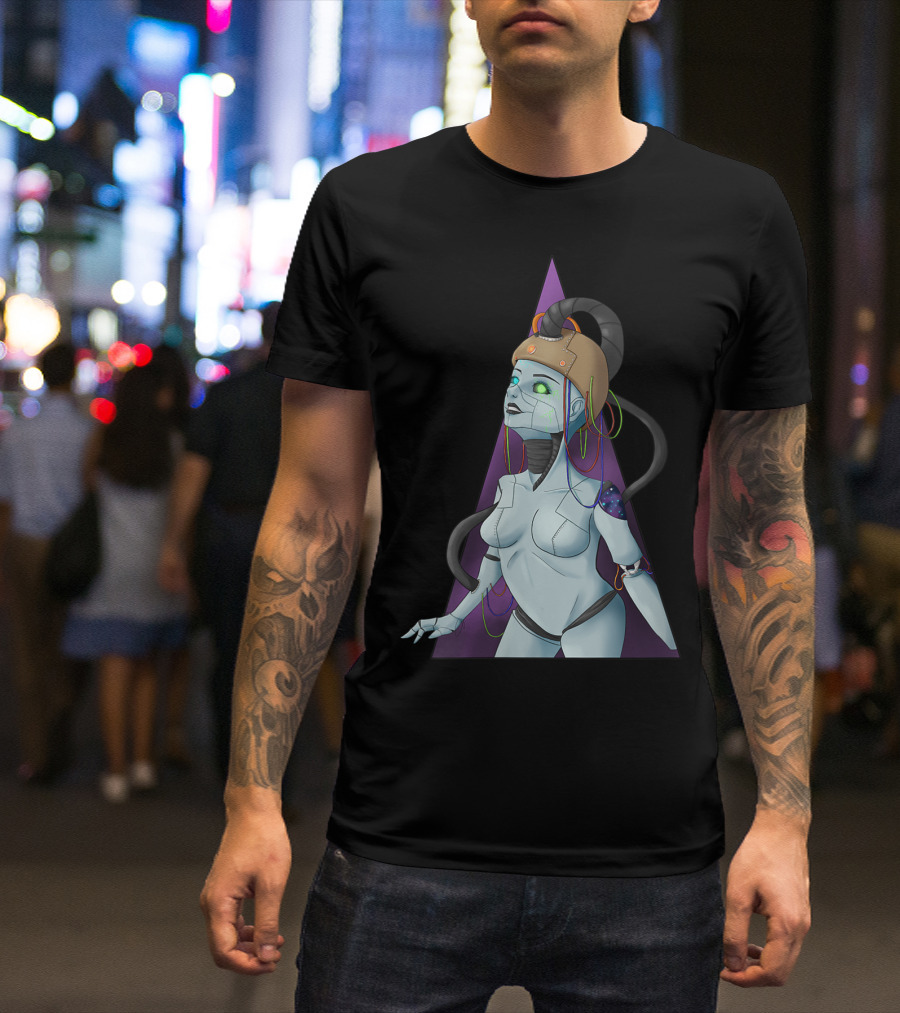 Cyborg Girl With Futuristic Headgear Charging Cable Triangle Backdrop T-Shirt