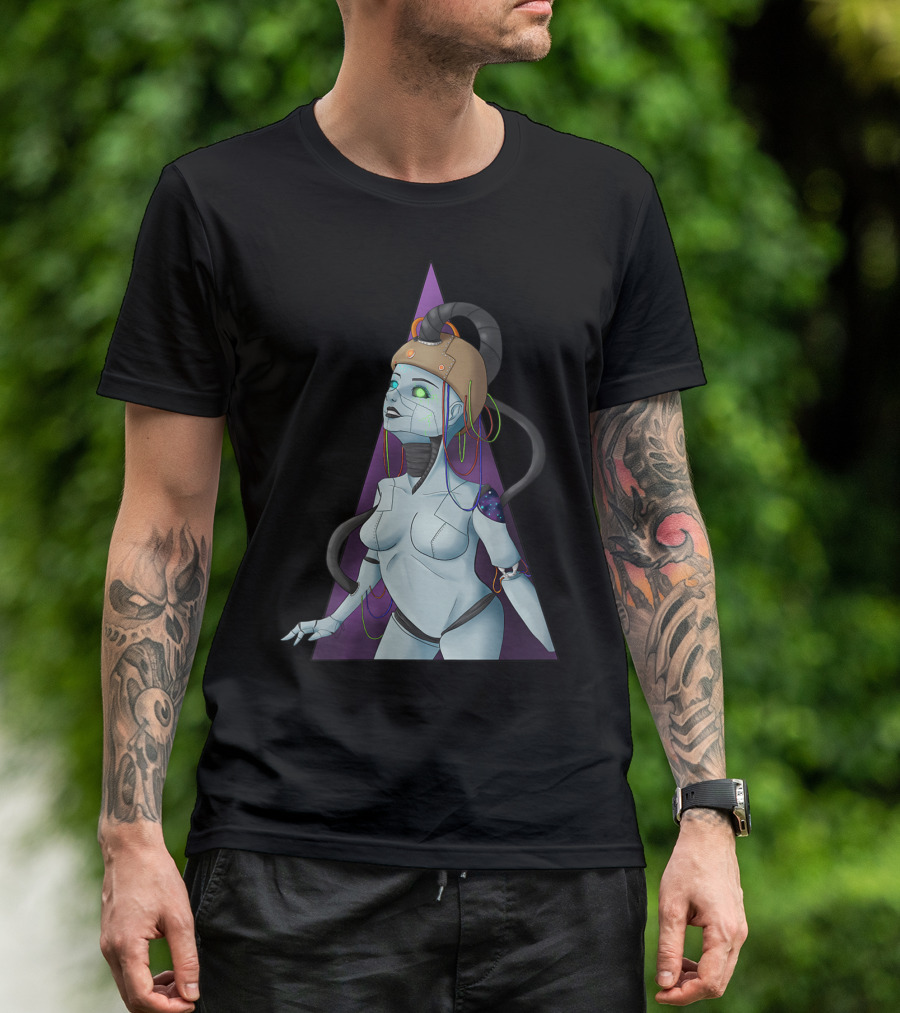 Cyborg Girl With Futuristic Headgear Charging Cable Triangle Backdrop T-Shirt