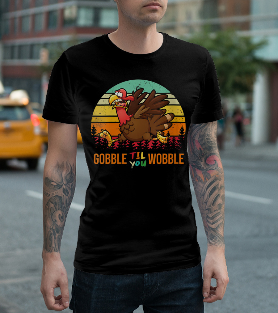 Gobble Til You Wobble Running Turkey Vintage Sunset Forest T-Shirt