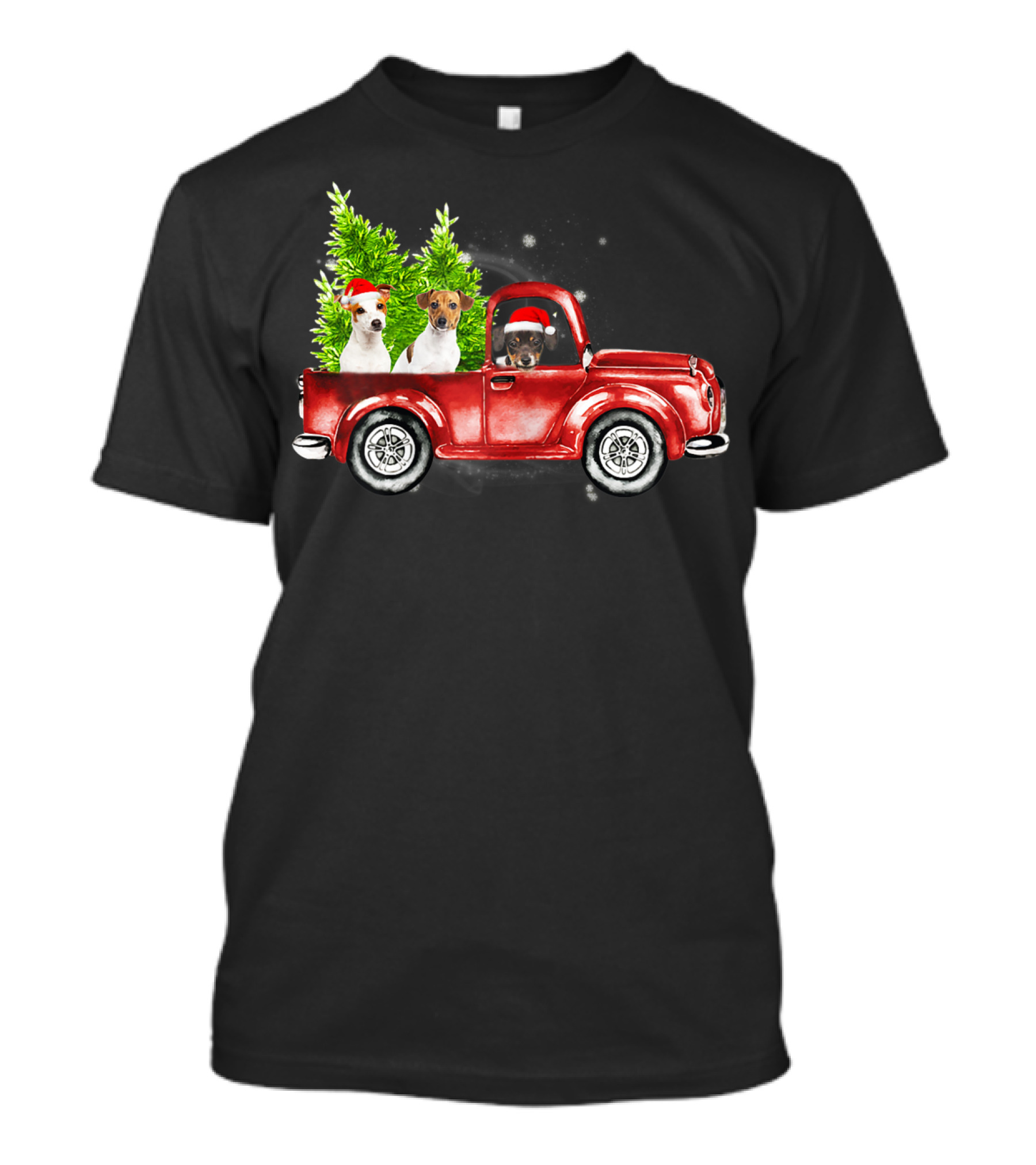 Jack Russell Dogs In Christmas Red Truck With Santa Hats And Trees T-Shirt