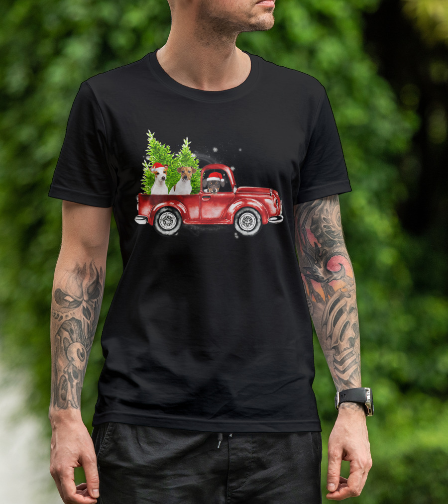 Jack Russell Dogs In Christmas Red Truck With Santa Hats And Trees T-Shirt