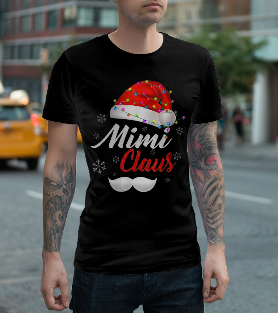 Mimi Claus Santa Hat Mustache Snowflakes T-Shirt