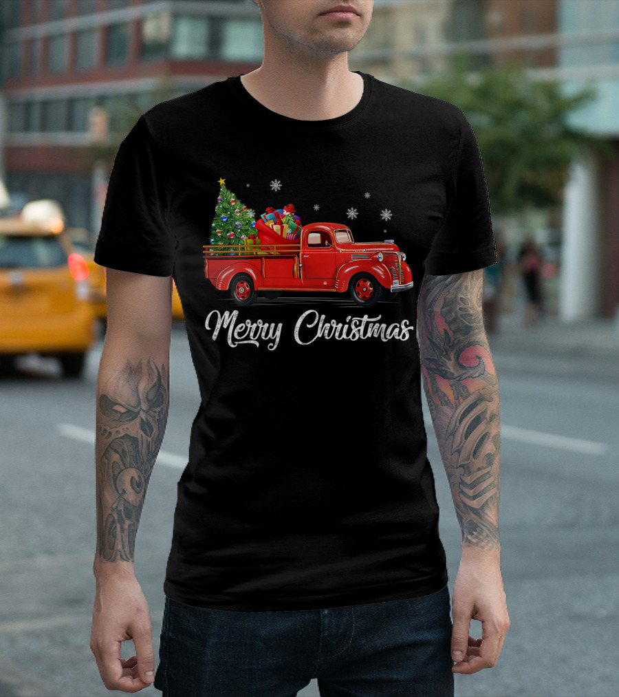 Merry Christmas Retro Red Truck with Tree and Gifts T-Shirt