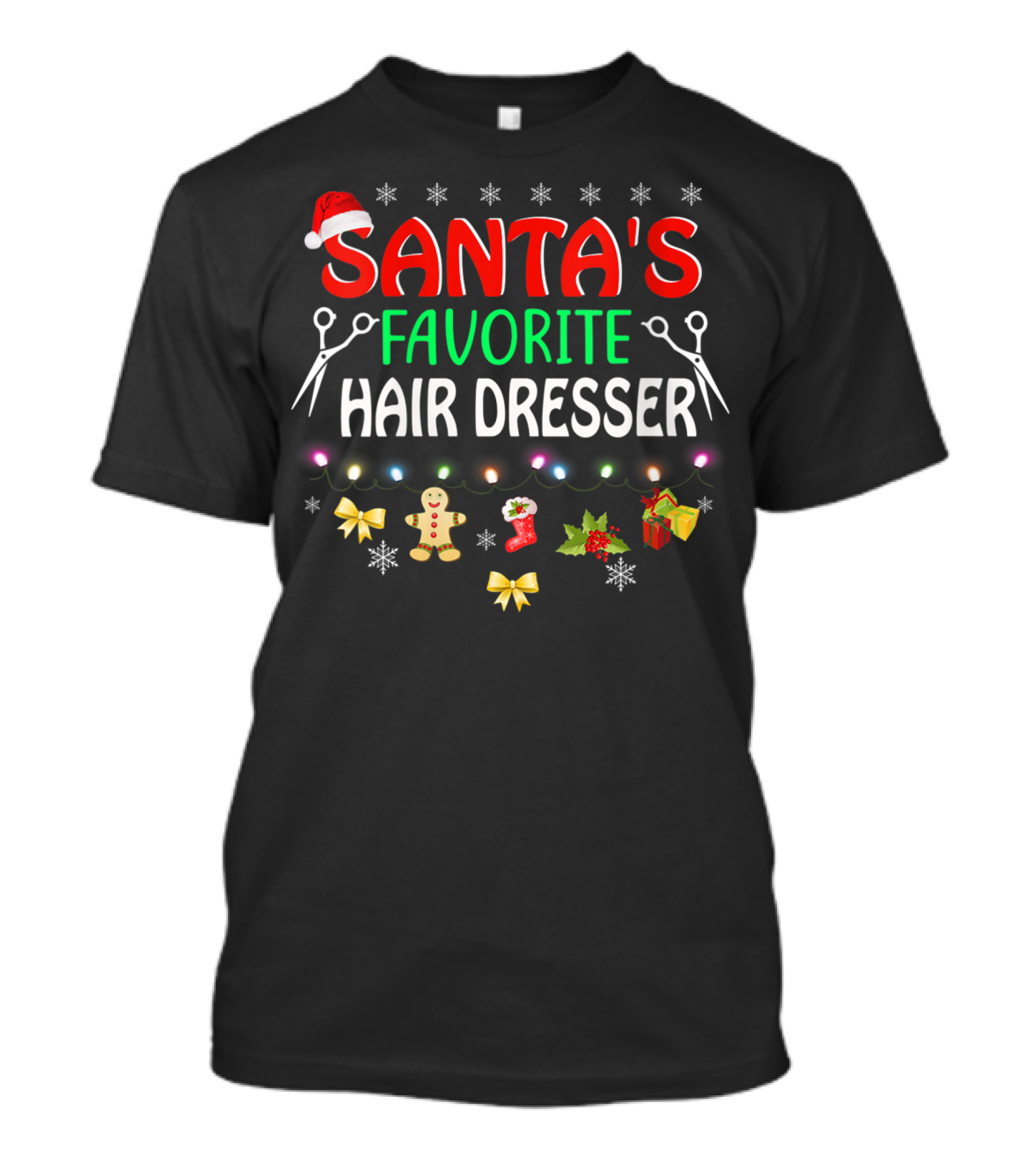 Santa's Favorite Hair Dresser Christmas Lights Scissors Gingerbread Ornaments Snowflakes T-Shirt