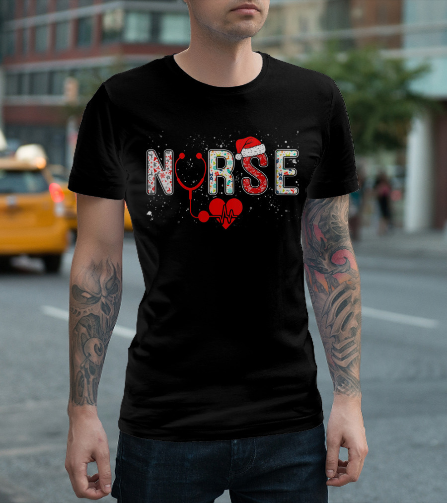 Santa Nurse Christmas Stethoscope And Heart T-Shirt