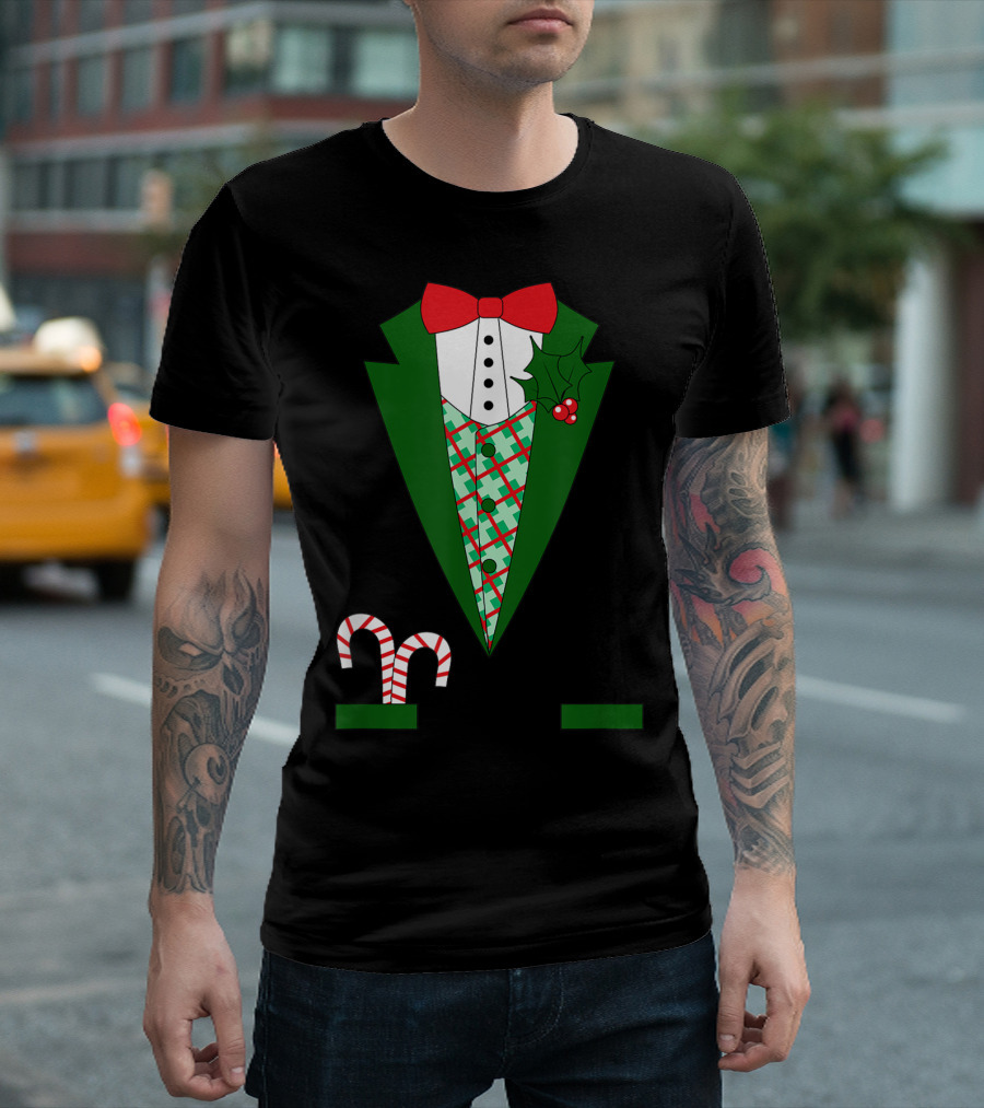 Adults Funny Christmas Holiday Tuxedo with Candy Cane and Holly T-Shirt
