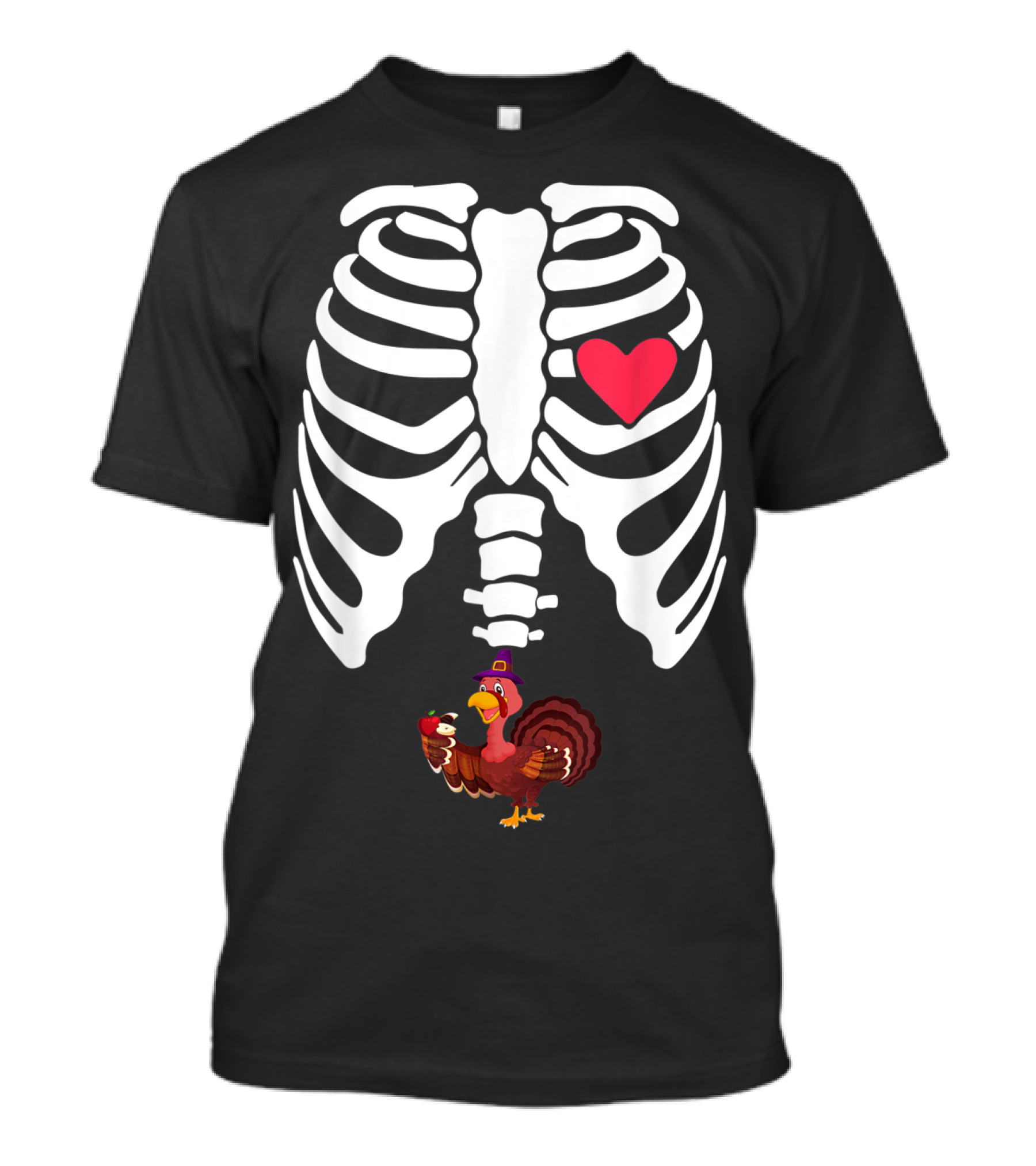 Thanksgiving Skeleton Ribcage Heart Turkey With Apple Pregnancy Announcement T-Shirt