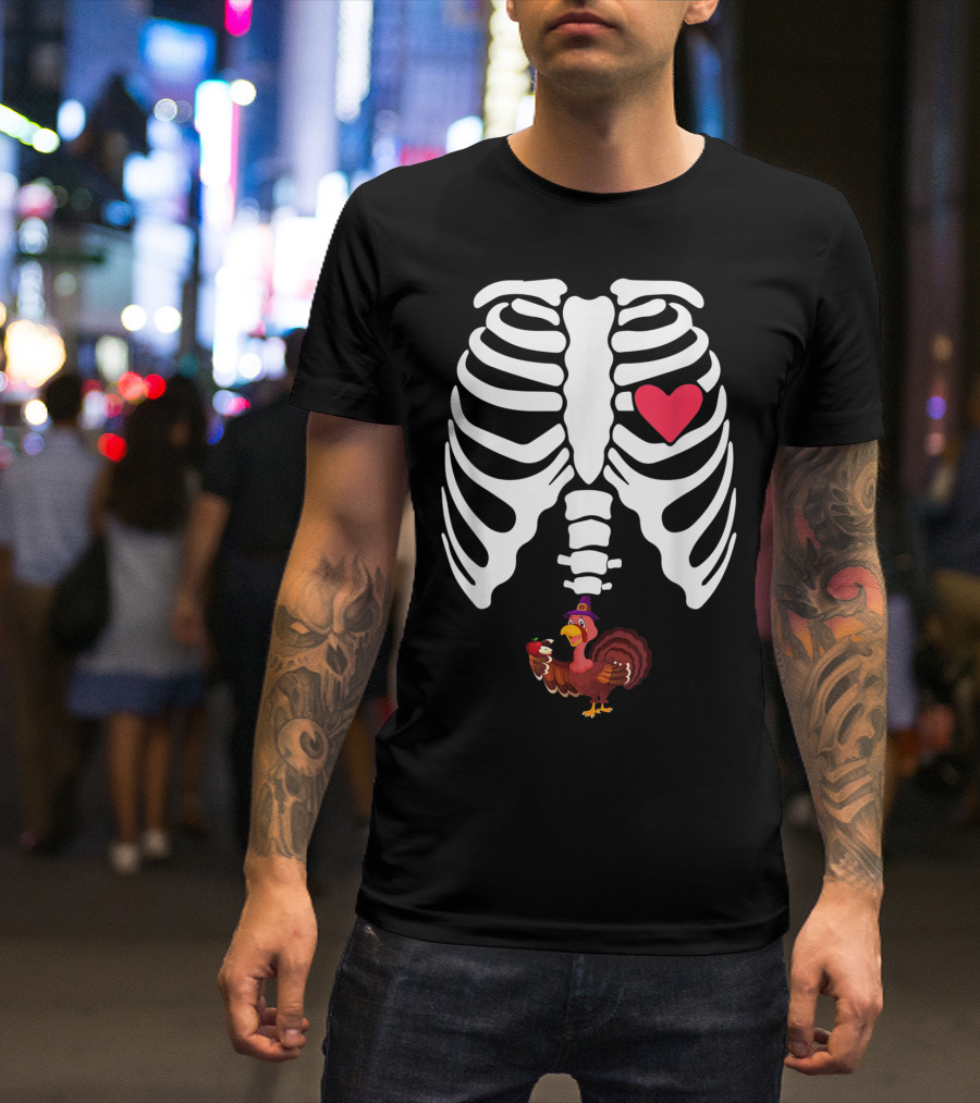 Thanksgiving Skeleton Ribcage Heart Turkey With Apple Pregnancy Announcement T-Shirt