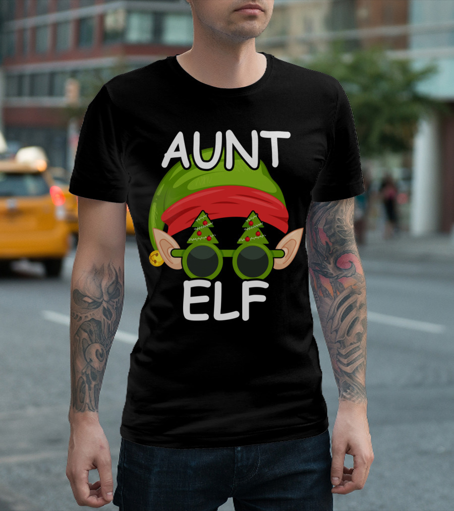 Aunt Elf Christmas Hat And Tree Glasses Family Group Matching T-Shirt