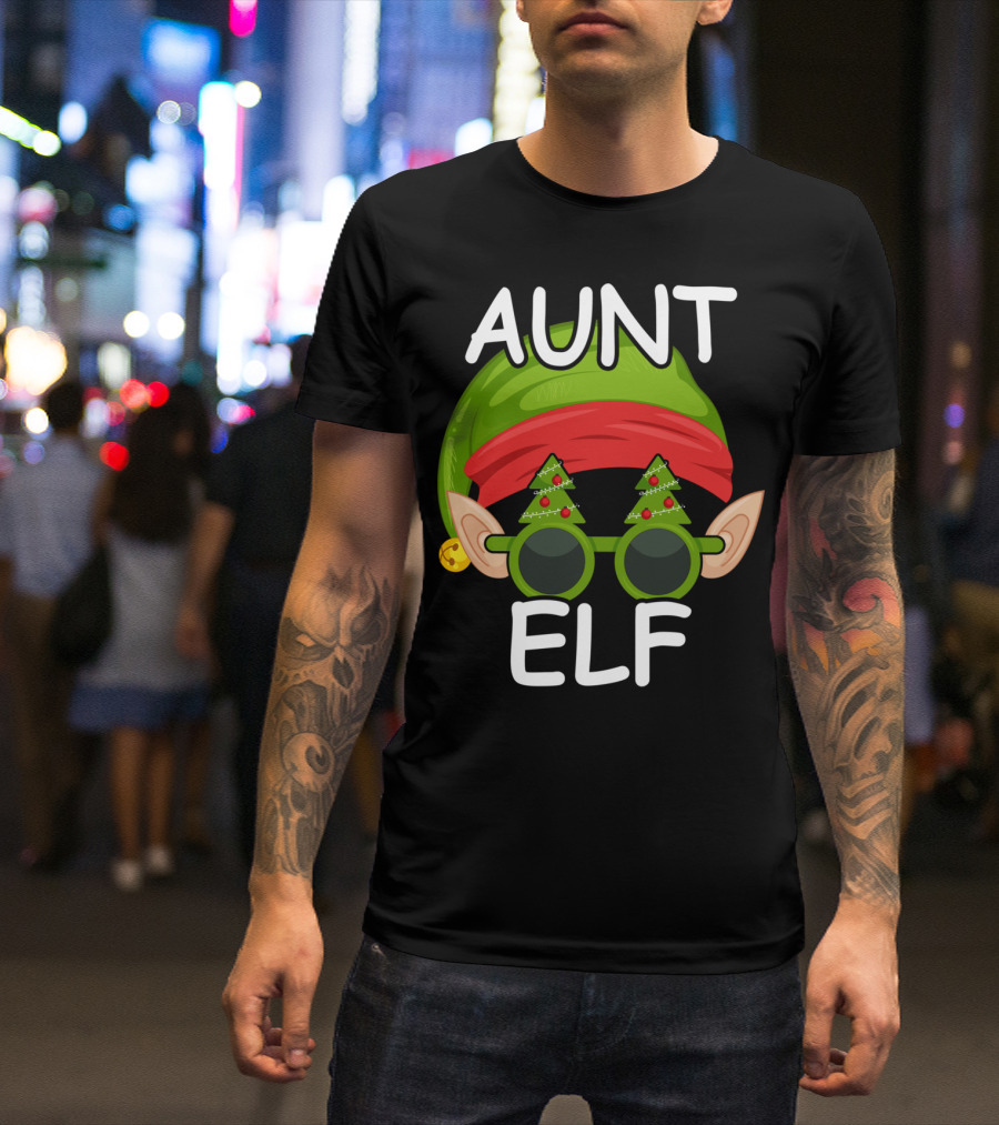 Aunt Elf Christmas Hat And Tree Glasses Family Group Matching T-Shirt