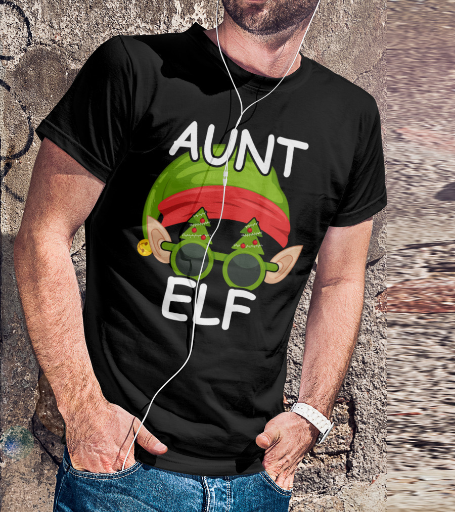 Aunt Elf Christmas Hat And Tree Glasses Family Group Matching T-Shirt