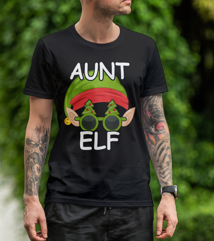 Aunt Elf Christmas Hat And Tree Glasses Family Group Matching T-Shirt